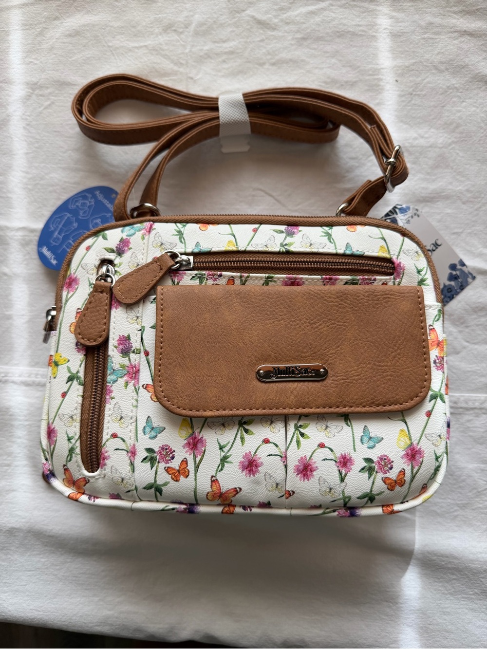 White Floral & Tan Crossbody Bag with Butterflies